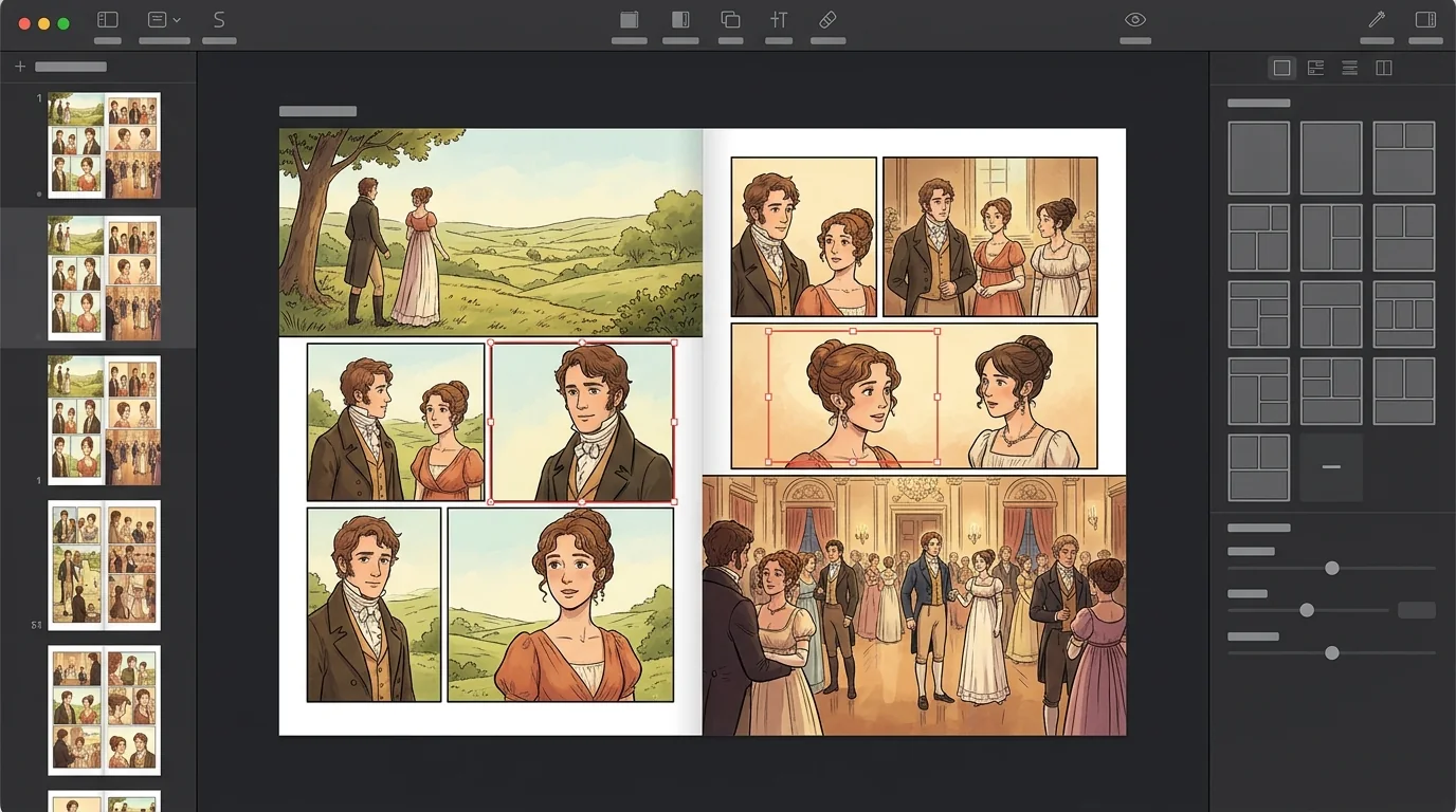 Graphic Novel Factory: page thumbnails on the left, a two-page comic spread in the middle, panel layout templates on the right
