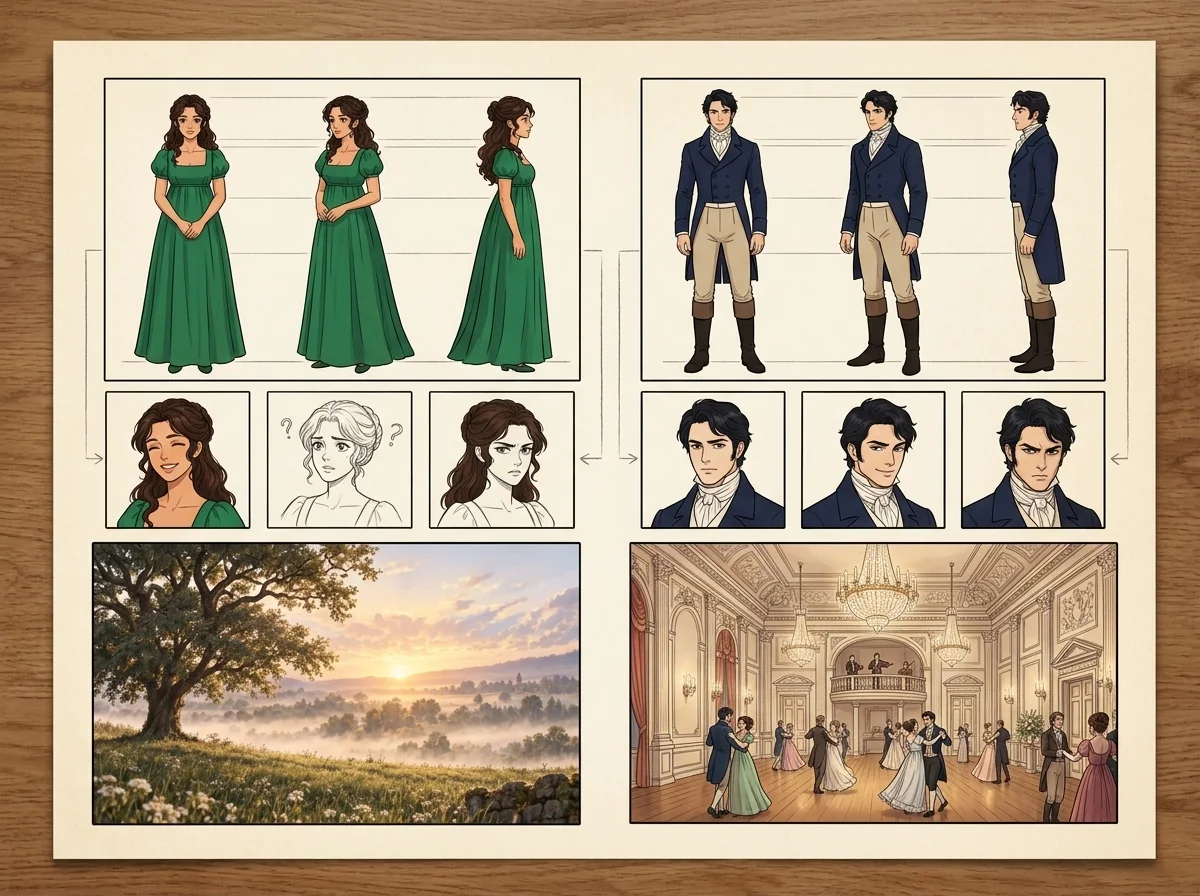 Character turnarounds of Elizabeth and Darcy and two background plates laid out on an asset board