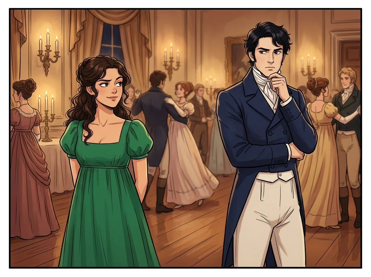 A single panel composited from those assets: Elizabeth and Darcy at the ball